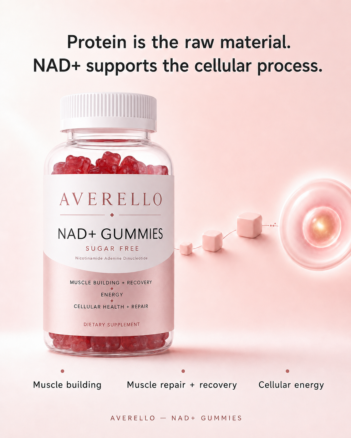Averello NAD+ Gummies bottle beside an illustration of cellular energy production